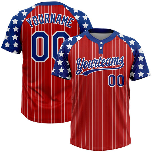 Custom Red White Pinstripe Royal Star Raglan Sleeves Two-Button Unisex Softball Jersey - Main View