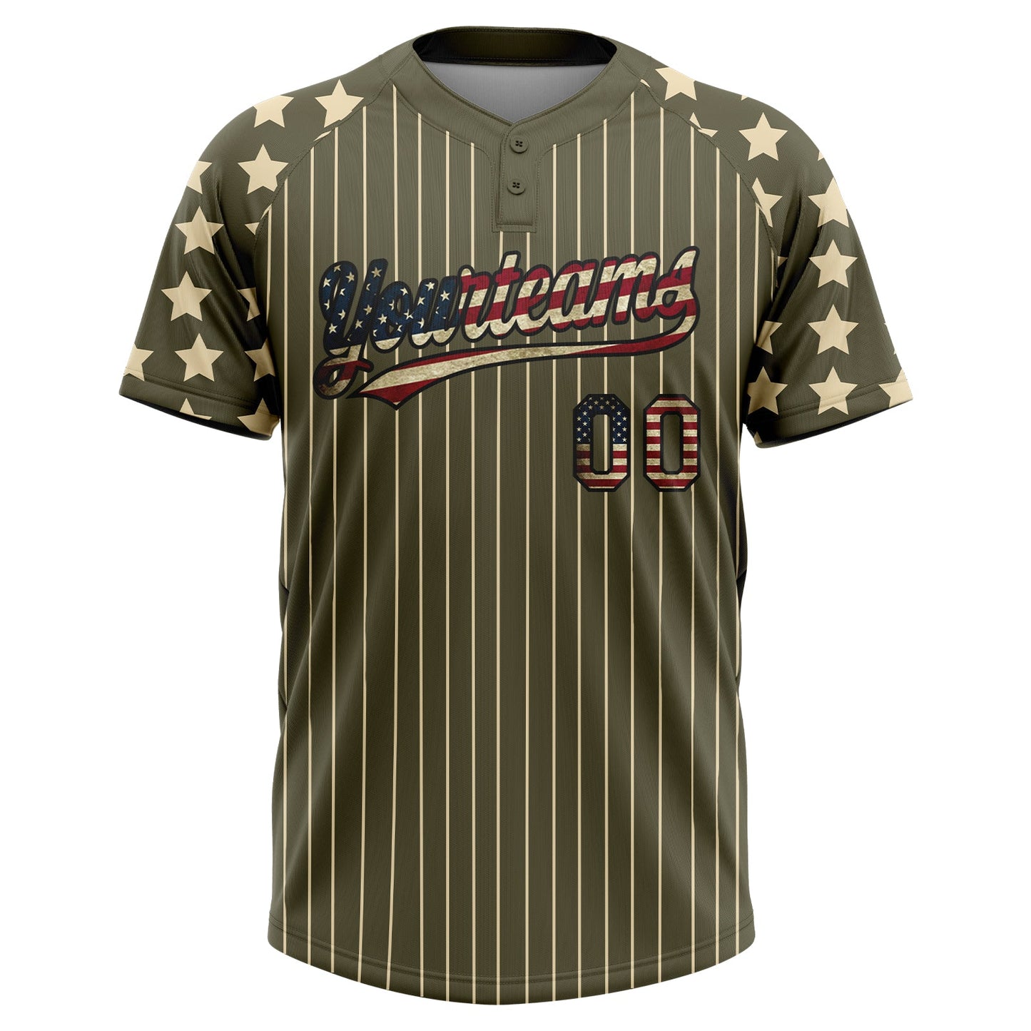 Custom Olive Cream Pinstripe Vintage USA Flag-Black Salute To Service Star Raglan Sleeves Two-Button Unisex Softball Jersey view 2
