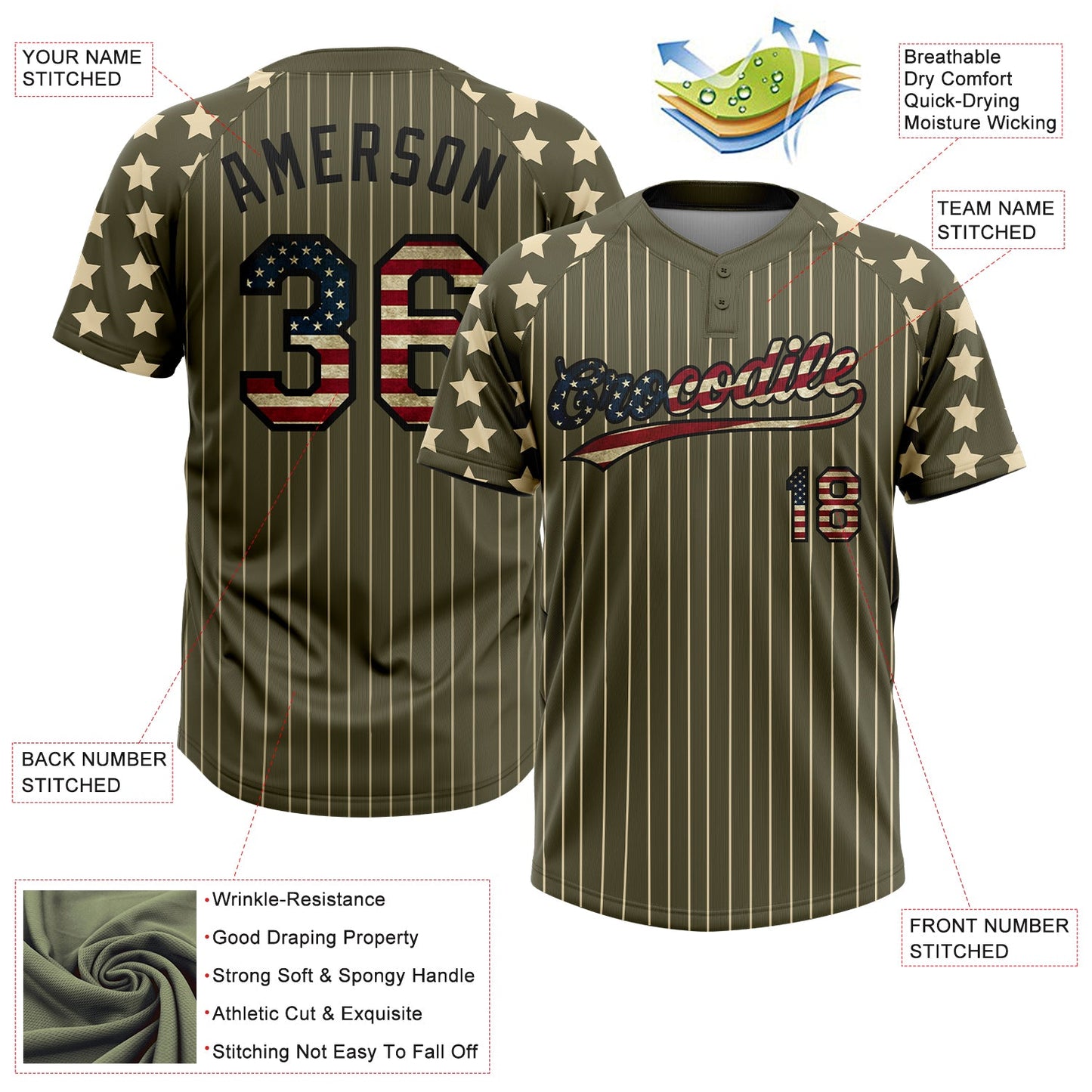 Custom Olive Cream Pinstripe Vintage USA Flag-Black Salute To Service Star Raglan Sleeves Two-Button Unisex Softball Jersey view 3