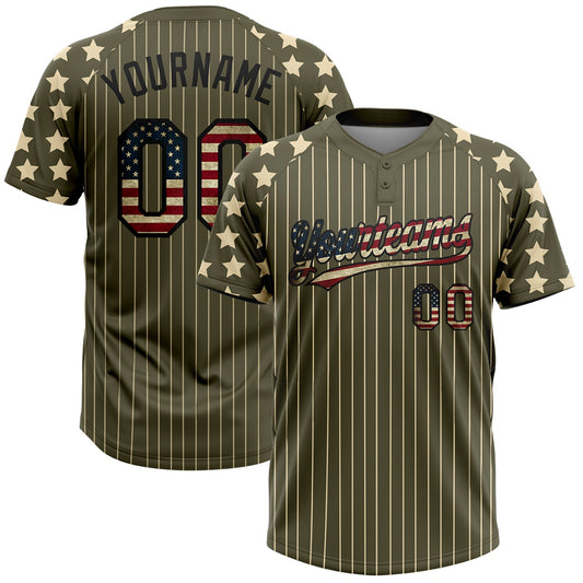 Custom Olive Cream Pinstripe Vintage USA Flag-Black Salute To Service Star Raglan Sleeves Two-Button Unisex Softball Jersey - Main View