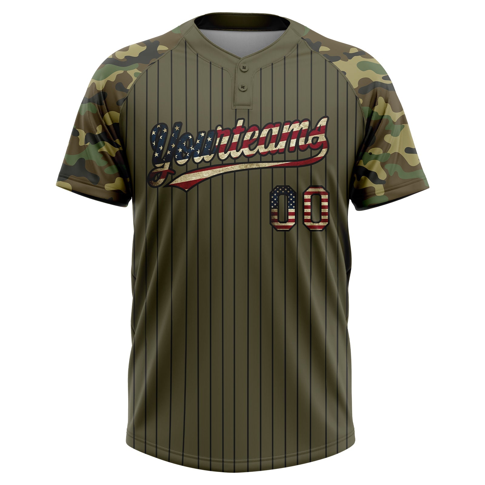 Custom Olive Black Pinstripe Vintage USA Flag Salute To Service Camo Raglan Sleeves Two-Button Unisex Softball Jersey view 2