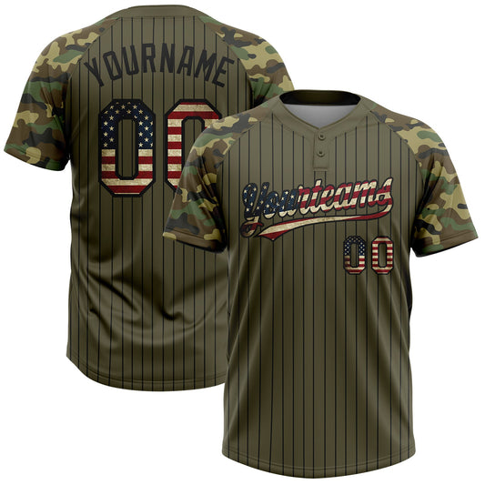 Custom Olive Black Pinstripe Vintage USA Flag Salute To Service Camo Raglan Sleeves Two-Button Unisex Softball Jersey - Main View