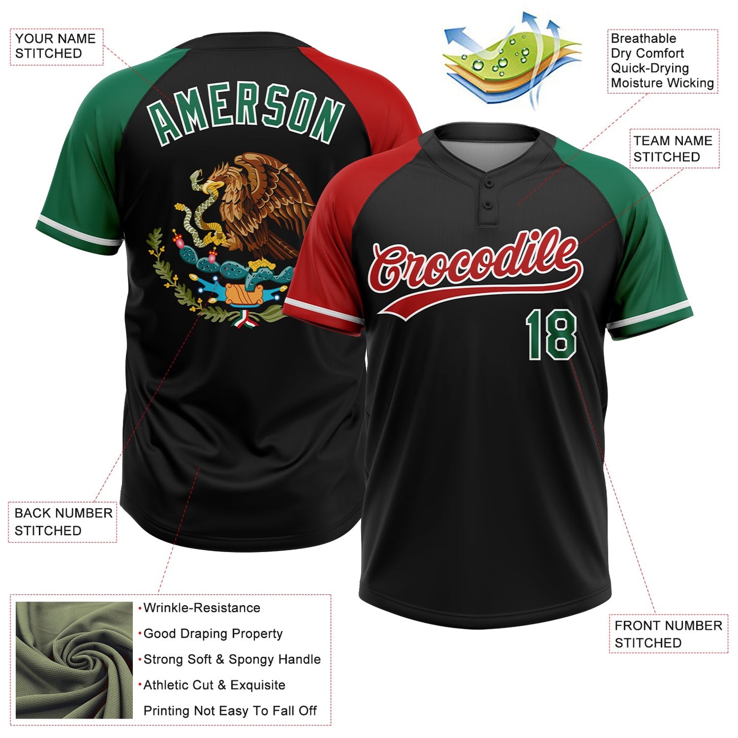 Custom Black Kelly Green Red-White Mexico Two-Button Unisex Softball Jersey view 3