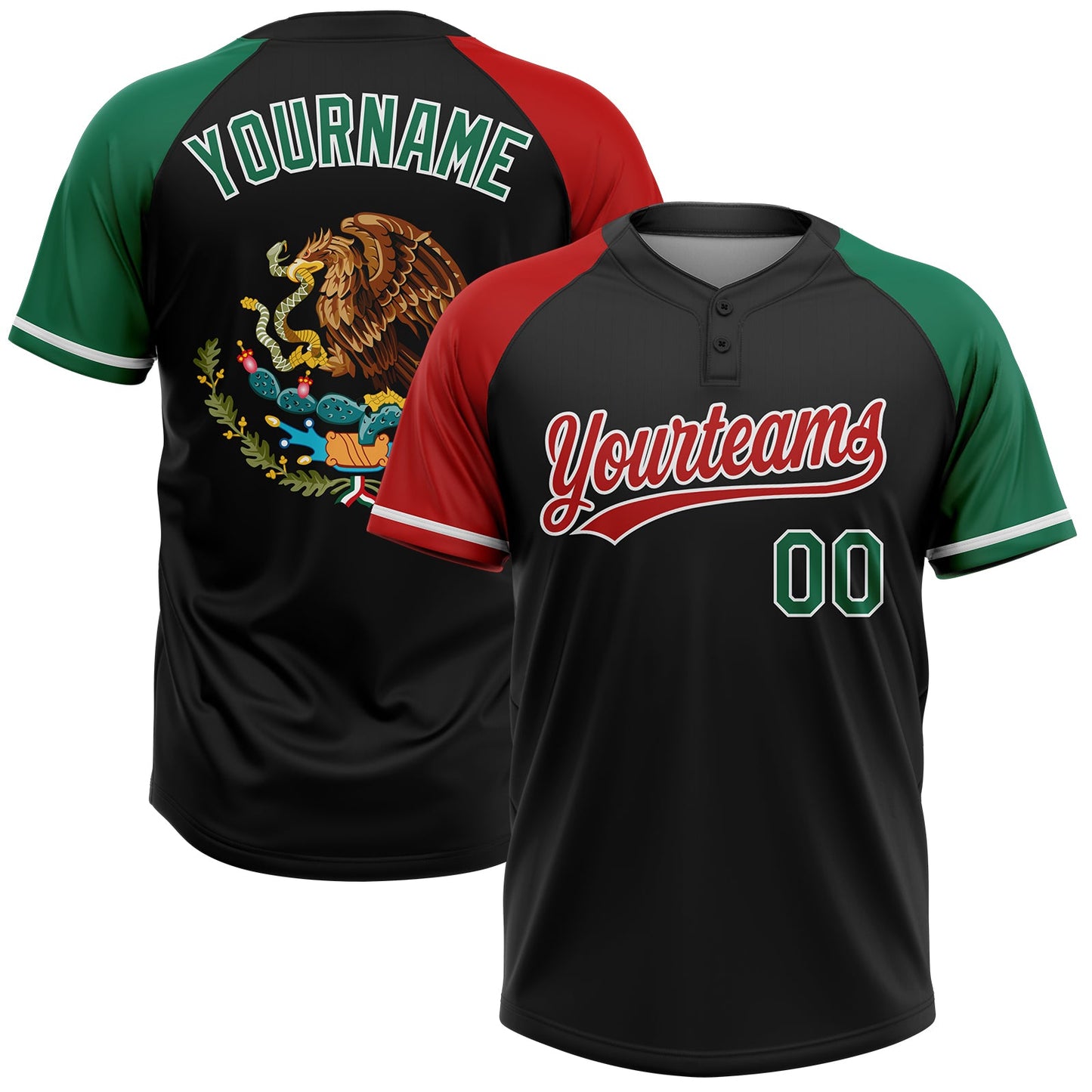 Custom Black Kelly Green Red-White Mexico Two-Button Unisex Softball Jersey - Main View