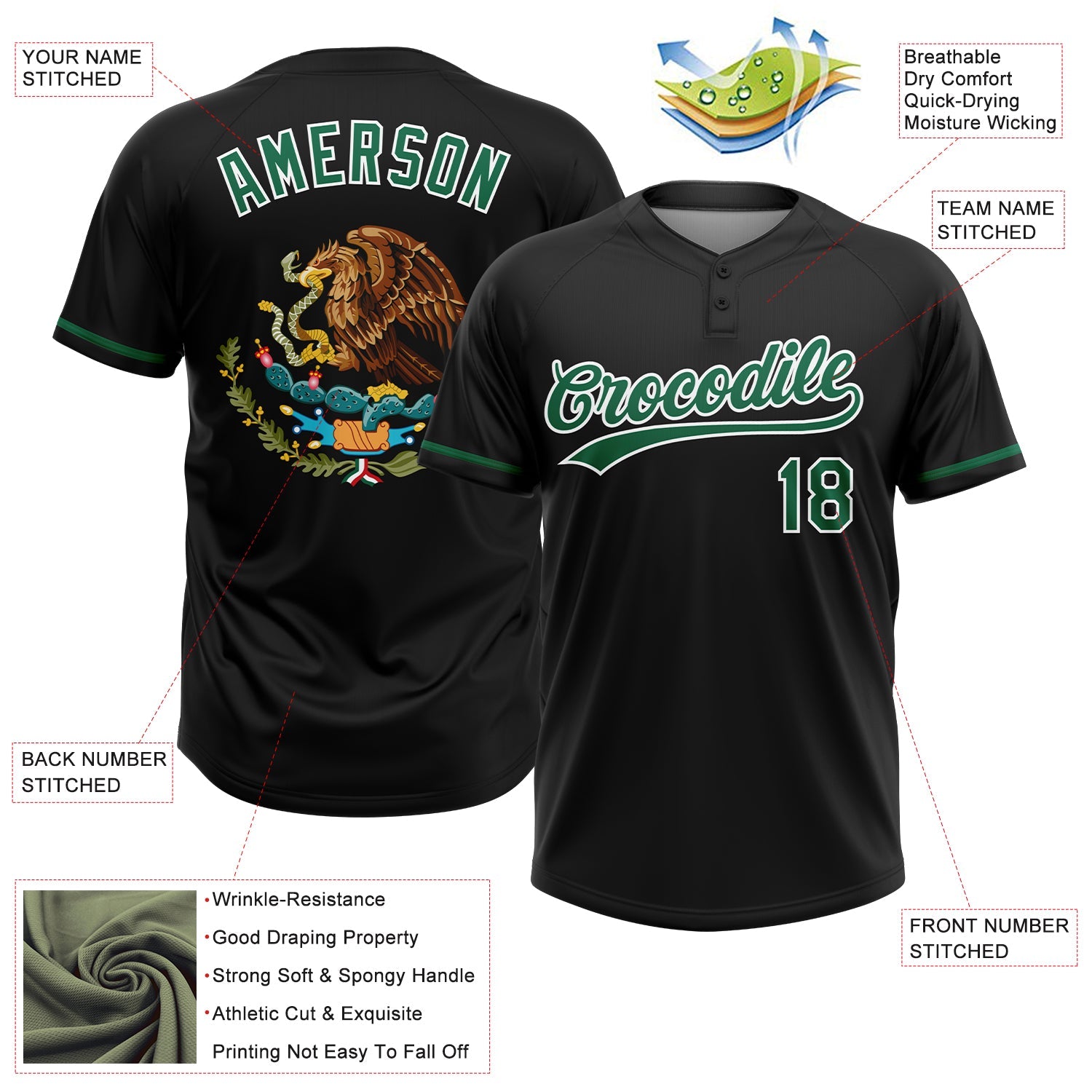 Custom Black Kelly Green-White Mexico Two-Button Unisex Softball Jersey view 3