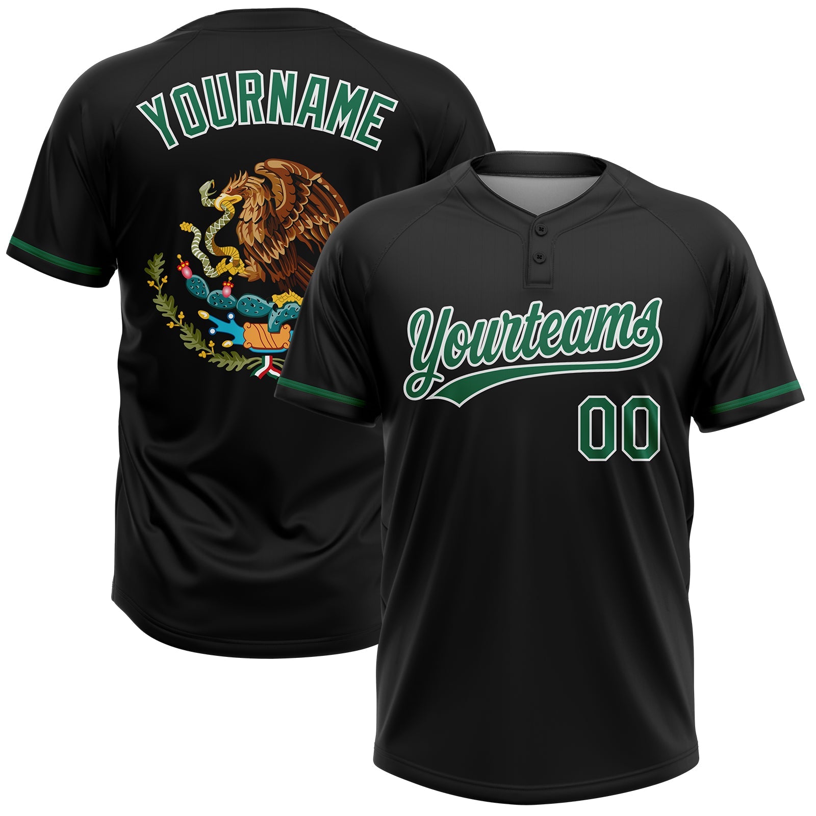 Custom Black Kelly Green-White Mexico Two-Button Unisex Softball Jersey - Main View