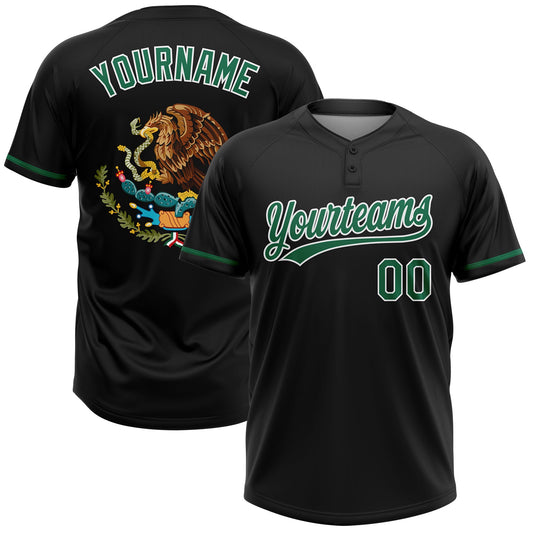 Custom Black Kelly Green-White Mexico Two-Button Unisex Softball Jersey - Main View
