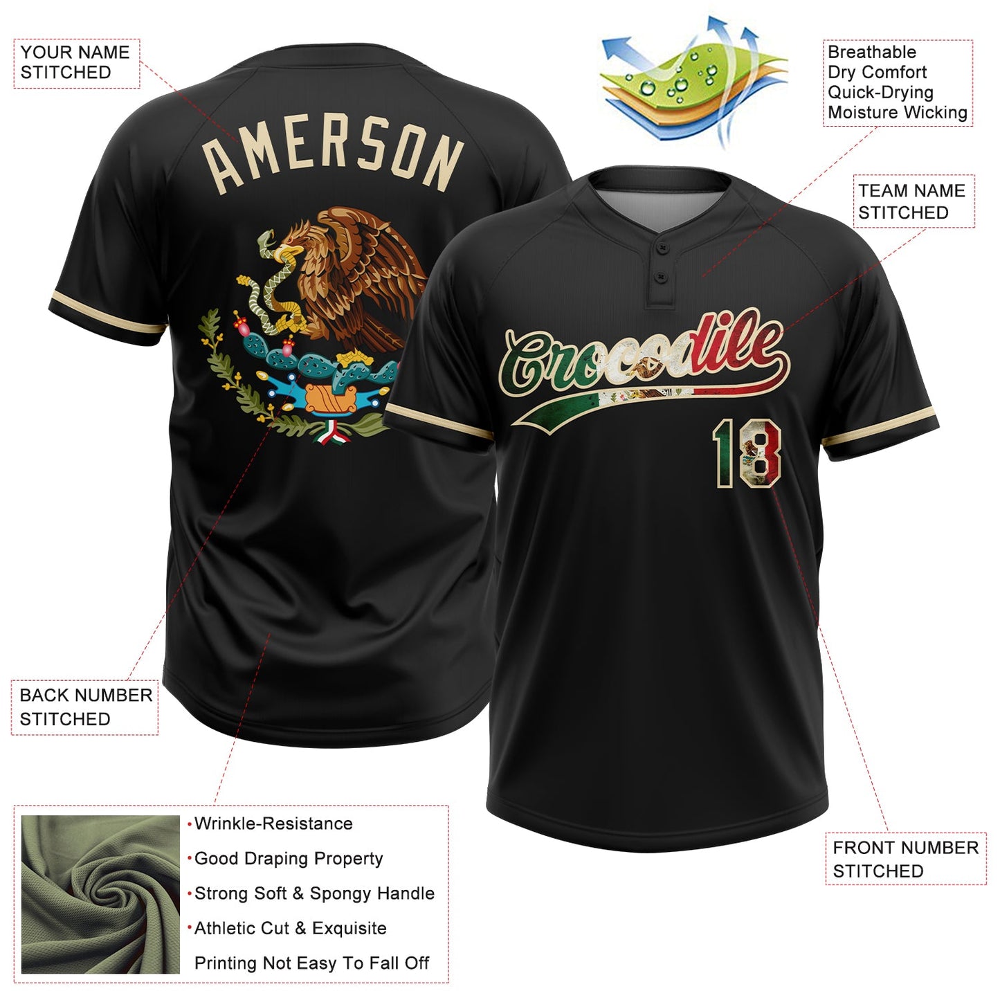 Custom Black Vintage Mexican Flag-Cream Mexico Two-Button Unisex Softball Jersey view 3