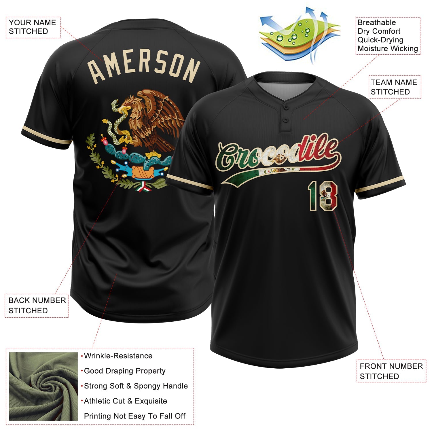 Custom Black Vintage Mexican Flag-Cream Mexico Two-Button Unisex Softball Jersey view 3