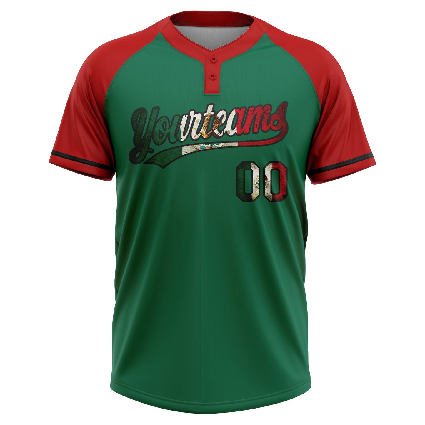 Custom Kelly Green Vintage Mexican Flag Red-Black Mexico Two-Button Unisex Softball Jersey view 2