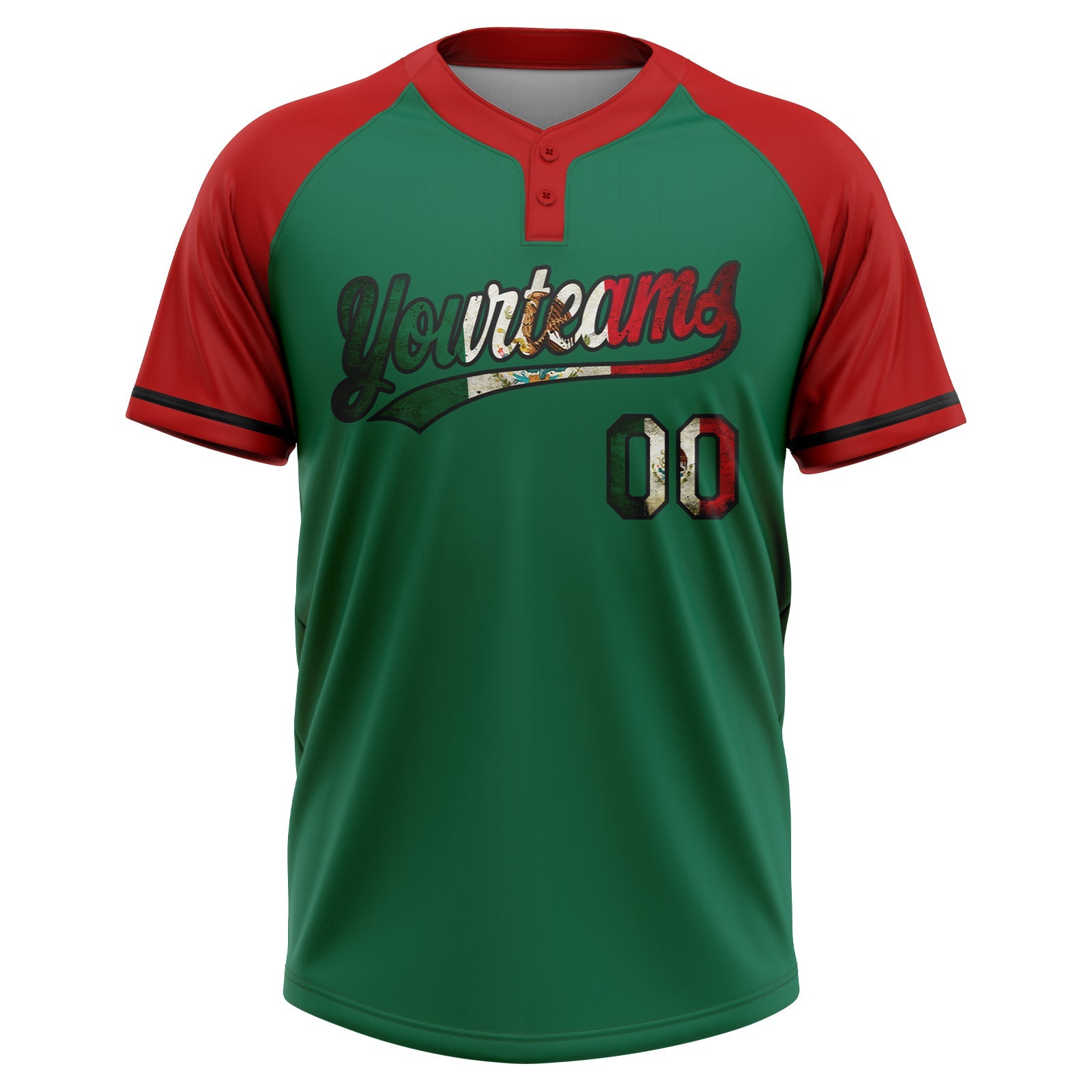 Custom Kelly Green Vintage Mexican Flag Red-Black Mexico Two-Button Unisex Softball Jersey view 2