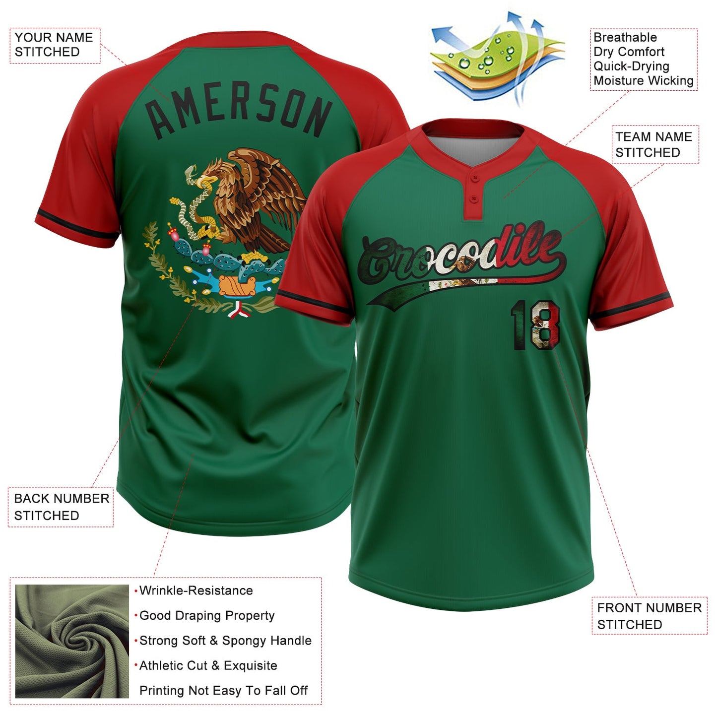 Custom Kelly Green Vintage Mexican Flag Red-Black Mexico Two-Button Unisex Softball Jersey view 3