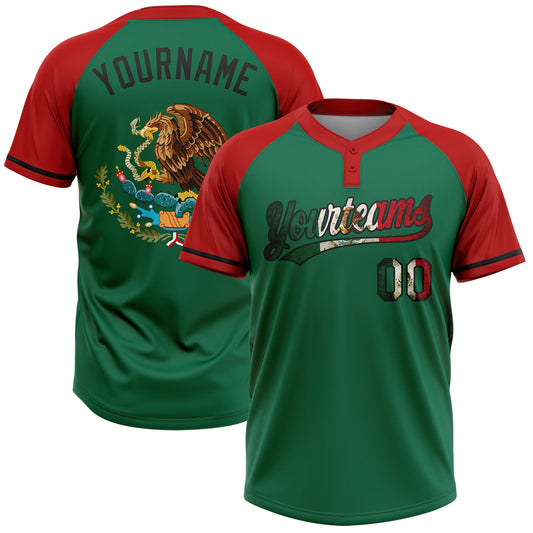 Custom Kelly Green Vintage Mexican Flag Red-Black Mexico Two-Button Unisex Softball Jersey - Main View