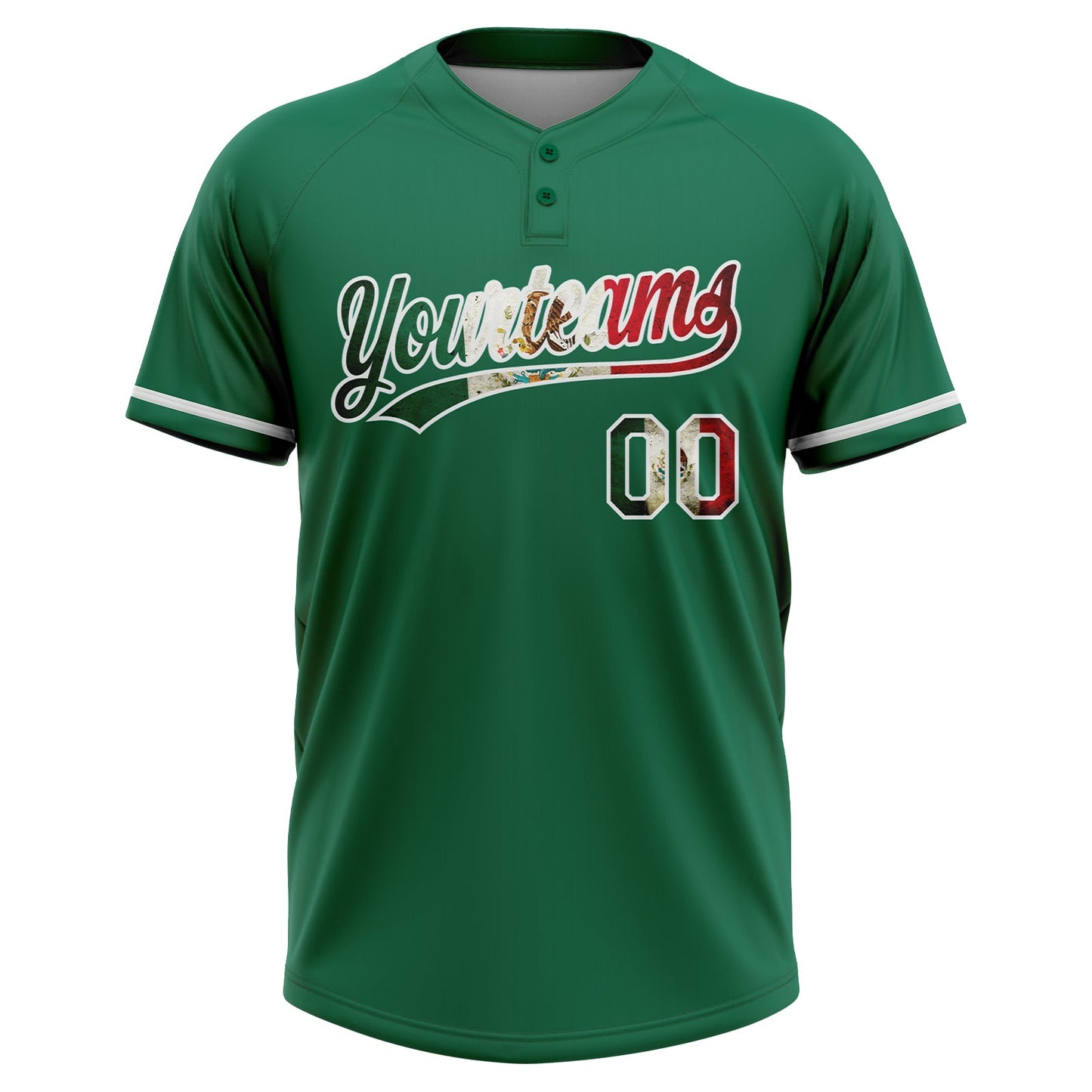 Custom Kelly Green Vintage Mexican Flag-White Mexico Two-Button Unisex Softball Jersey view 2
