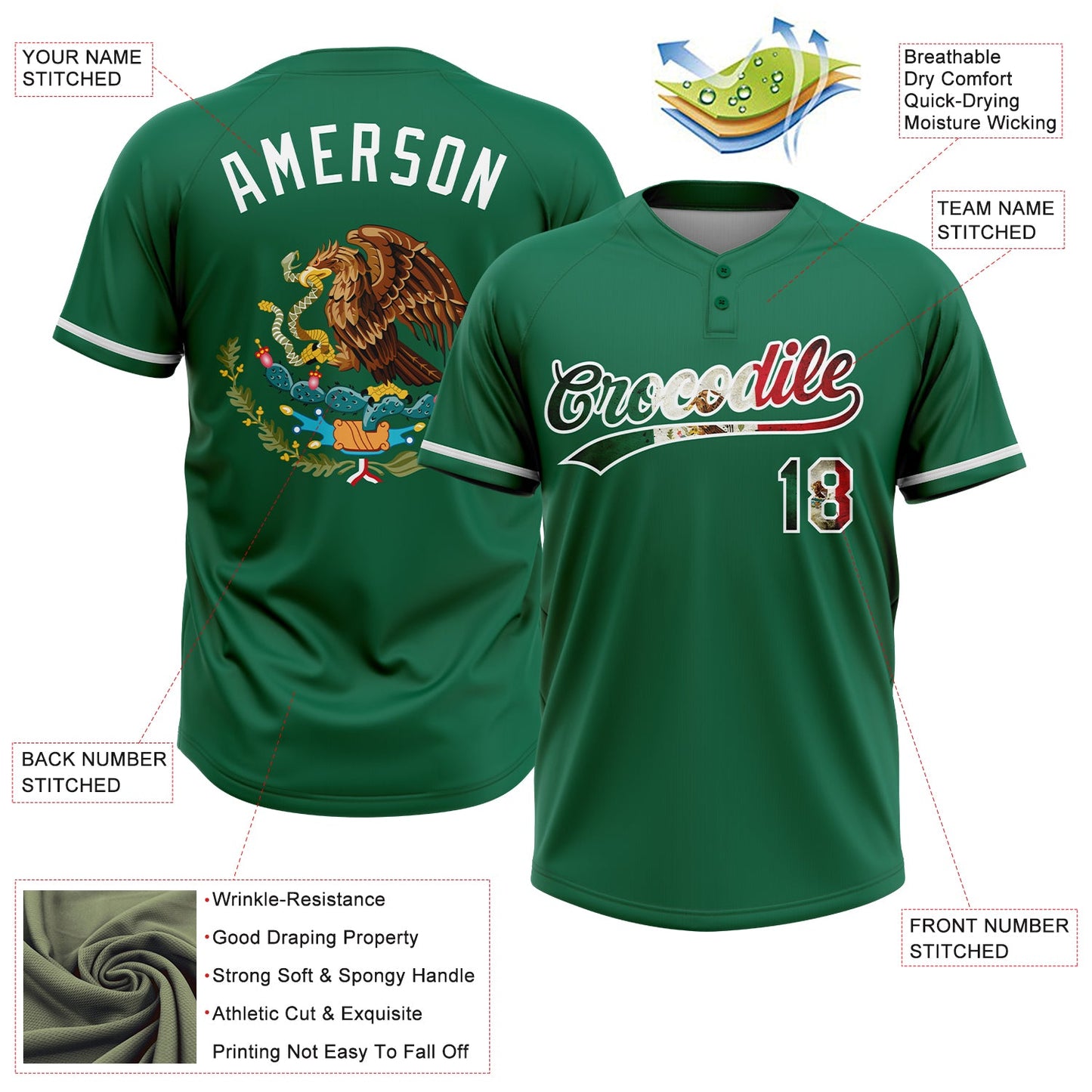 Custom Kelly Green Vintage Mexican Flag-White Mexico Two-Button Unisex Softball Jersey view 3