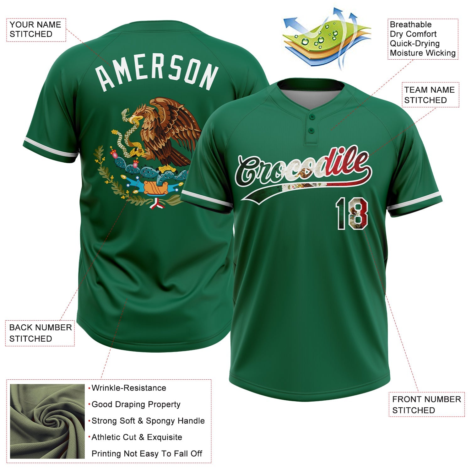 Custom Kelly Green Vintage Mexican Flag-White Mexico Two-Button Unisex Softball Jersey view 3