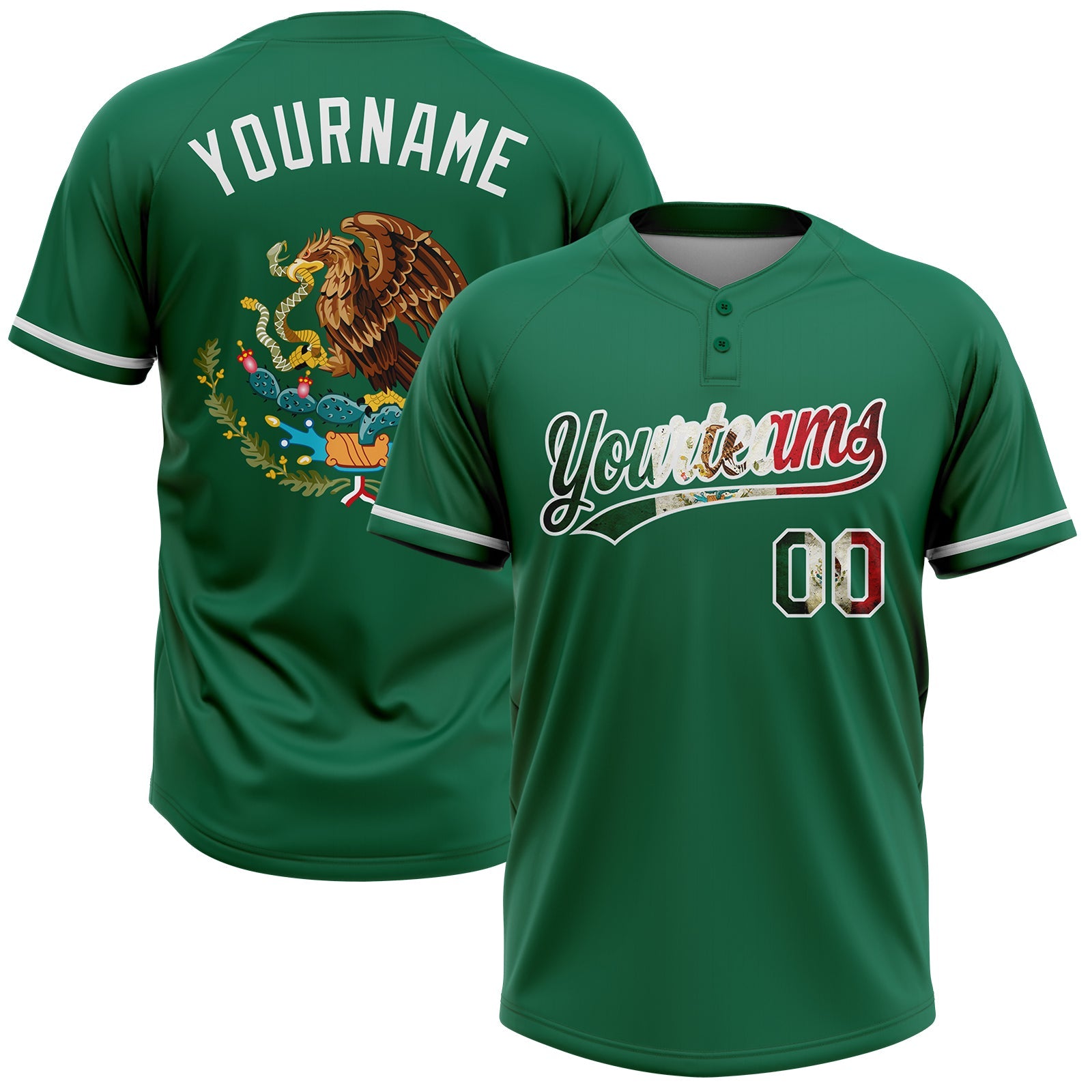 Custom Kelly Green Vintage Mexican Flag-White Mexico Two-Button Unisex Softball Jersey - Main View