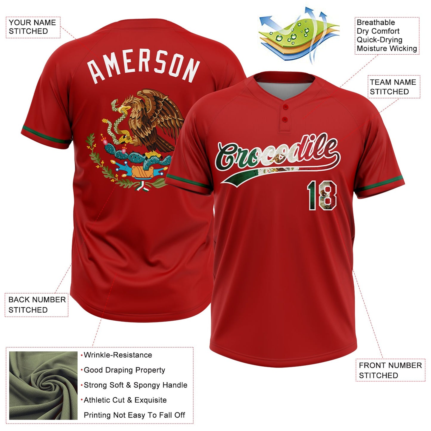 Custom Red Vintage Mexican Flag-White Mexico Two-Button Unisex Softball Jersey view 3