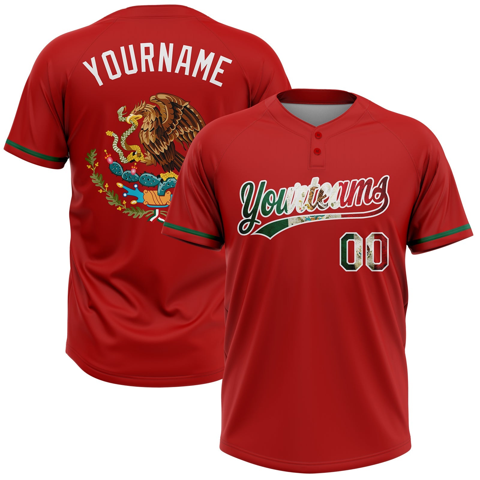 Custom Red Vintage Mexican Flag-White Mexico Two-Button Unisex Softball Jersey - Main View