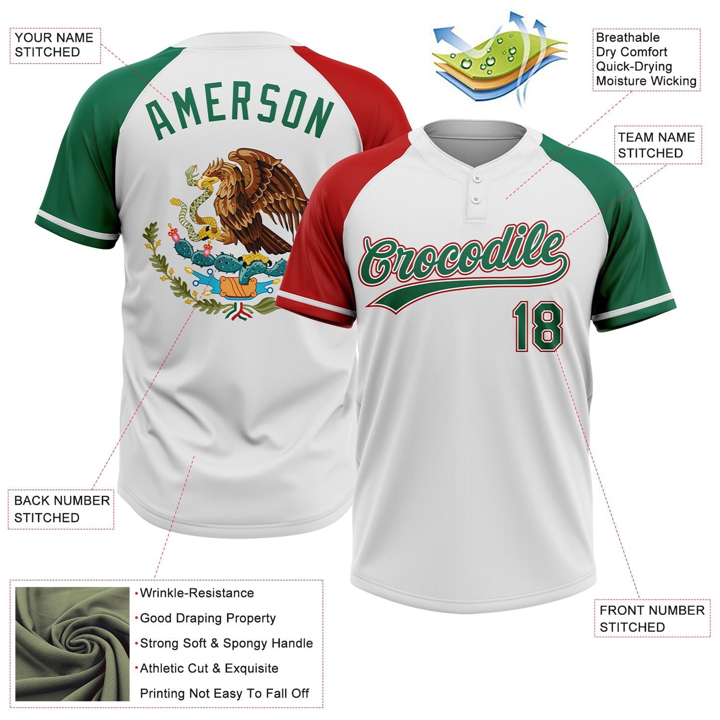 Custom White Kelly Green-Red Mexico Two-Button Unisex Softball Jersey view 3