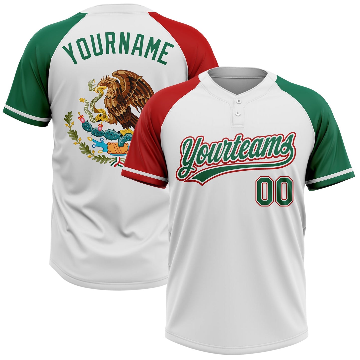 Custom White Kelly Green-Red Mexico Two-Button Unisex Softball Jersey - Main View