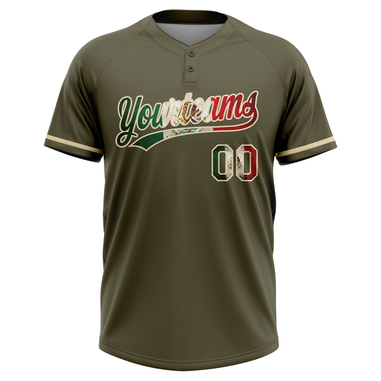 Custom Olive Vintage Mexican Flag-Cream Mexico Performance Salute To Service Two-Button Unisex Softball Jersey view 2