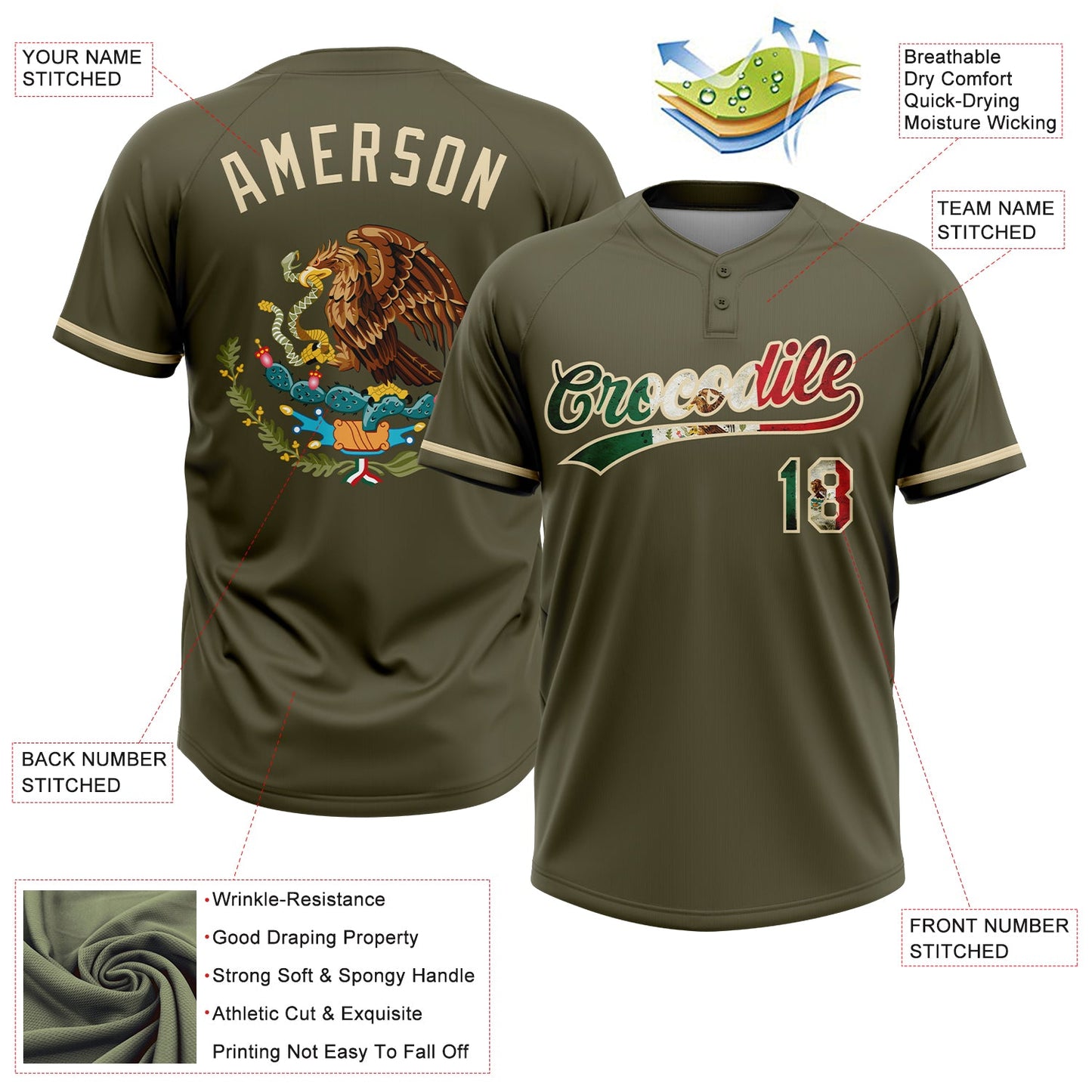 Custom Olive Vintage Mexican Flag-Cream Mexico Performance Salute To Service Two-Button Unisex Softball Jersey view 3