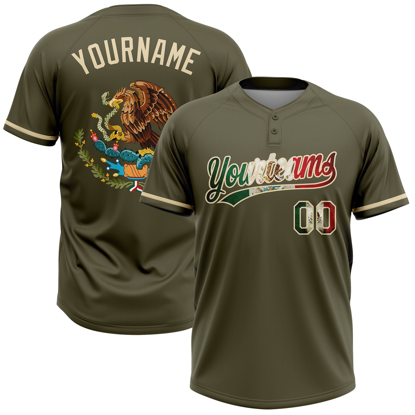 Custom Olive Vintage Mexican Flag-Cream Mexico Performance Salute To Service Two-Button Unisex Softball Jersey - Main View