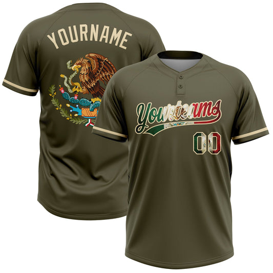 Custom Olive Vintage Mexican Flag-Cream Mexico Performance Salute To Service Two-Button Unisex Softball Jersey - Main View