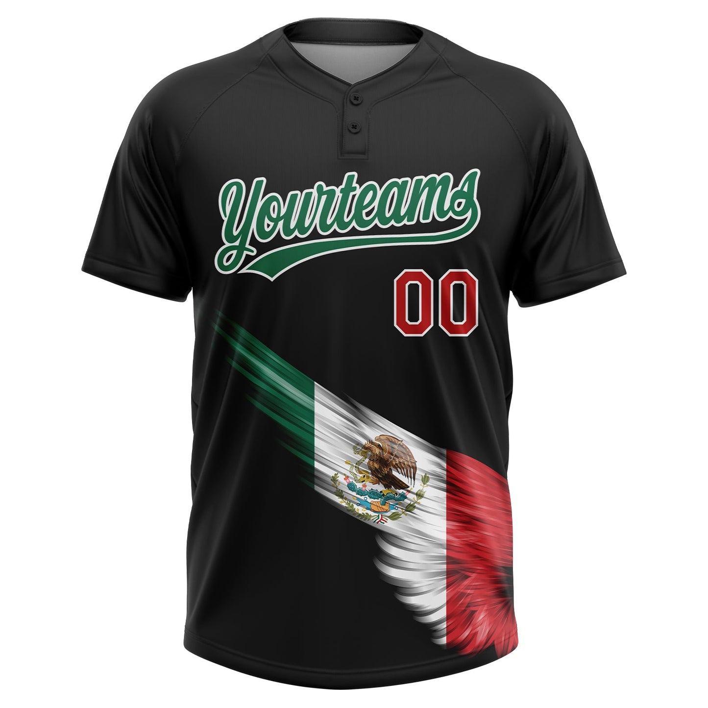Custom Black Kelly Green Red-White The Abstract Wing With Mexican Flag Two-Button Unisex Softball Jersey view 2
