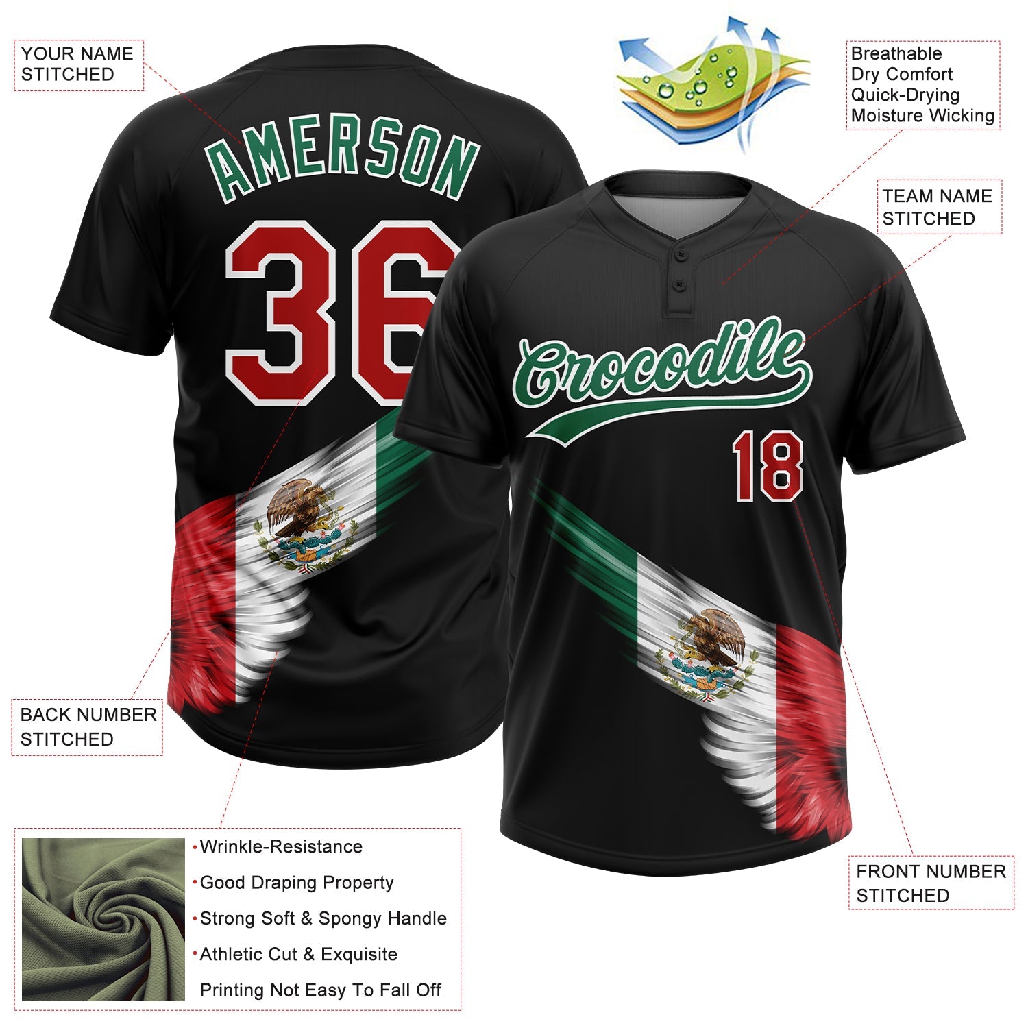 Custom Black Kelly Green Red-White The Abstract Wing With Mexican Flag Two-Button Unisex Softball Jersey view 3