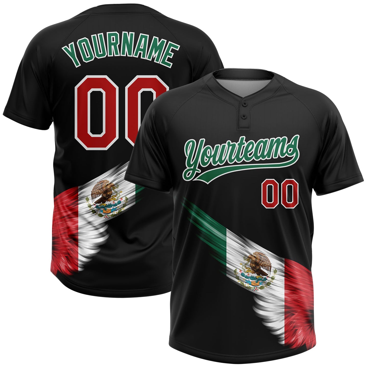 Custom Black Kelly Green Red-White The Abstract Wing With Mexican Flag Two-Button Unisex Softball Jersey - Main View