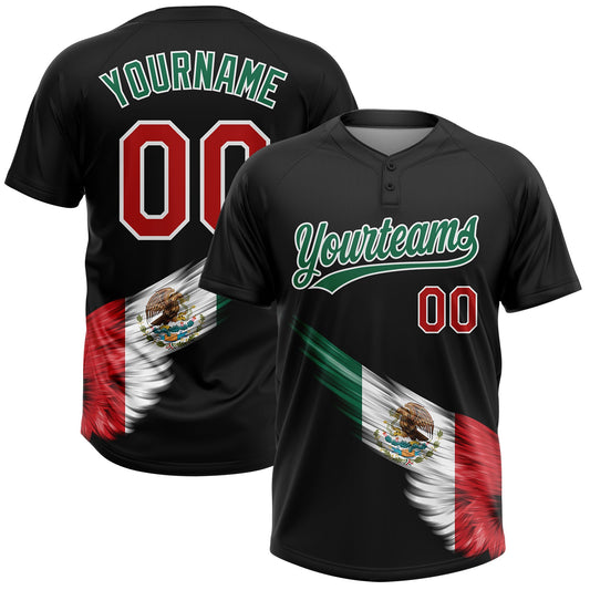 Custom Black Kelly Green Red-White The Abstract Wing With Mexican Flag Two-Button Unisex Softball Jersey - Main View