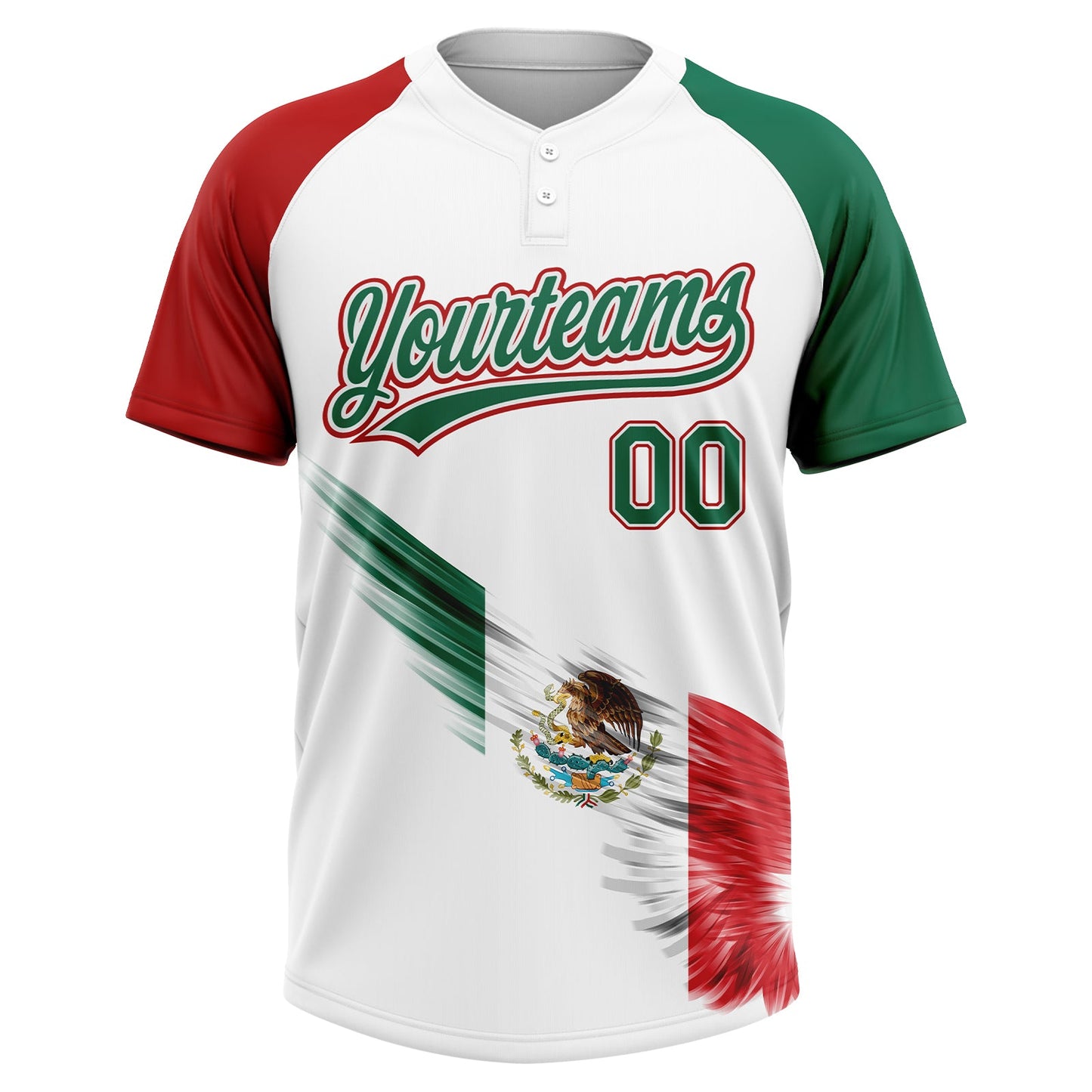 Custom White Kelly Green-Red The Abstract Wing With Mexican Flag Two-Button Unisex Softball Jersey view 2