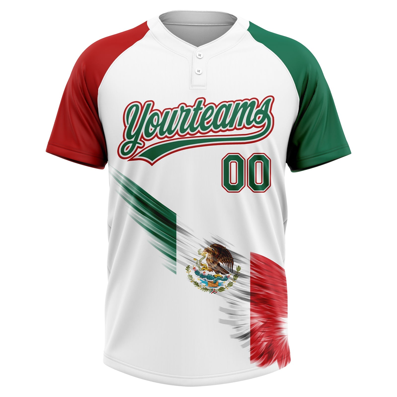 Custom White Kelly Green-Red The Abstract Wing With Mexican Flag Two-Button Unisex Softball Jersey view 2
