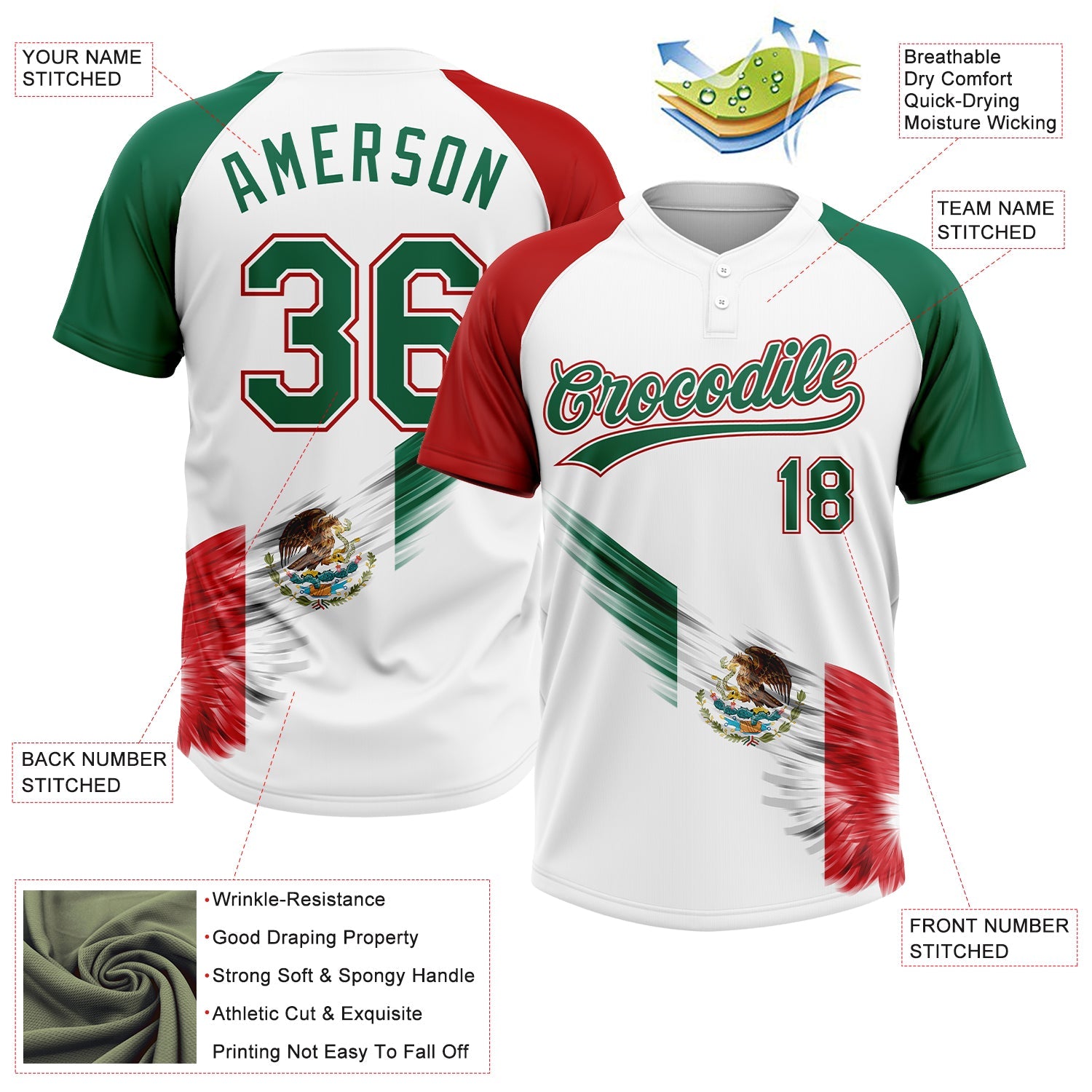 Custom White Kelly Green-Red The Abstract Wing With Mexican Flag Two-Button Unisex Softball Jersey view 3