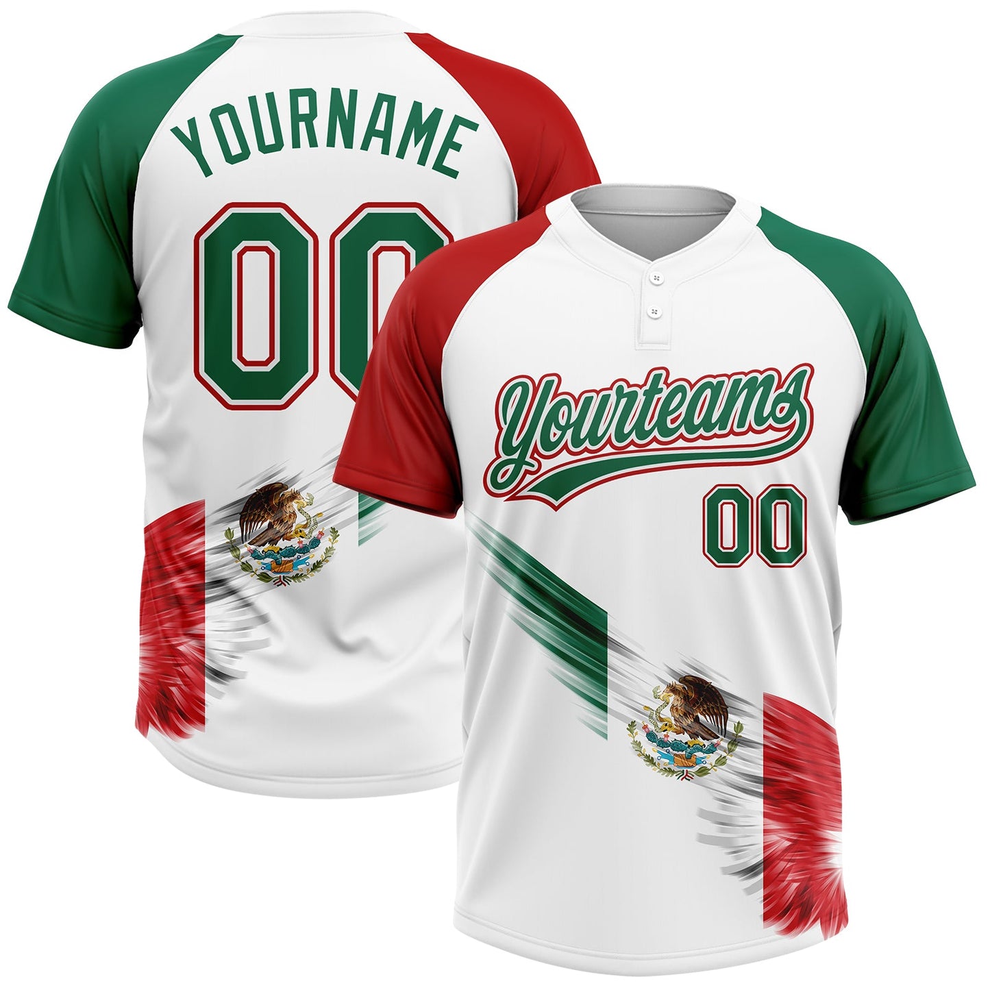 Custom White Kelly Green-Red The Abstract Wing With Mexican Flag Two-Button Unisex Softball Jersey - Main View