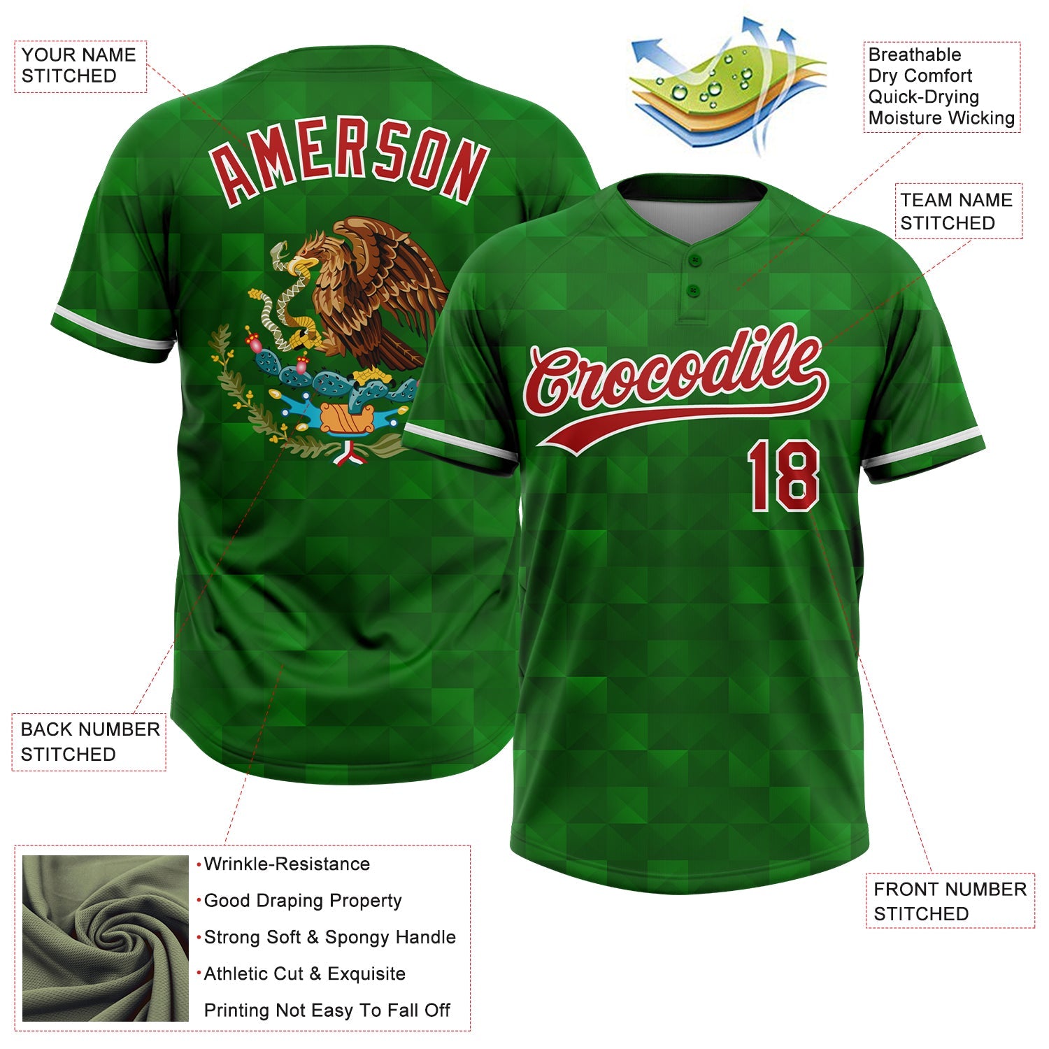 Custom Kelly Green Red-White Mexico Two-Button Unisex Softball Jersey view 3