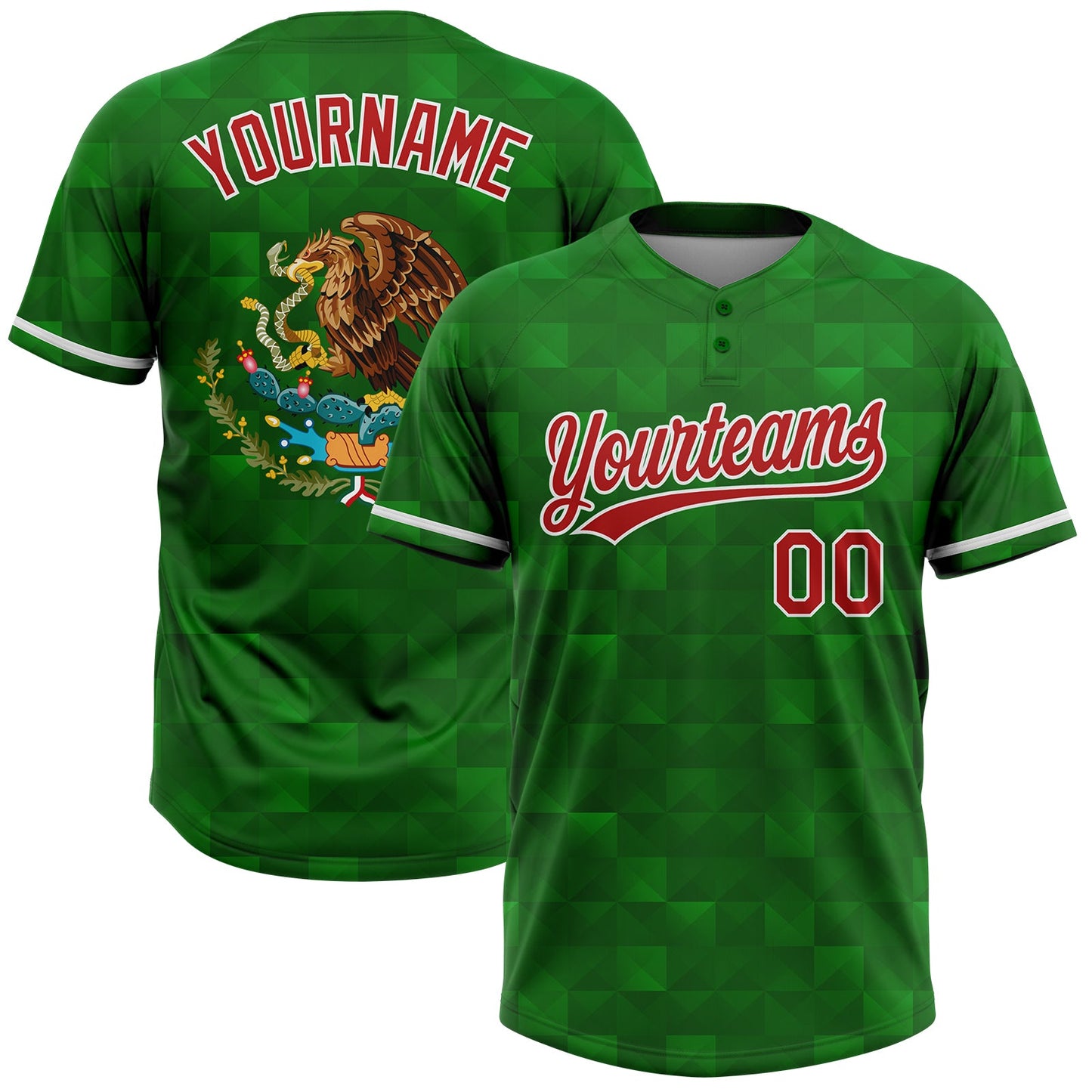 Custom Kelly Green Red-White Mexico Two-Button Unisex Softball Jersey - Main View