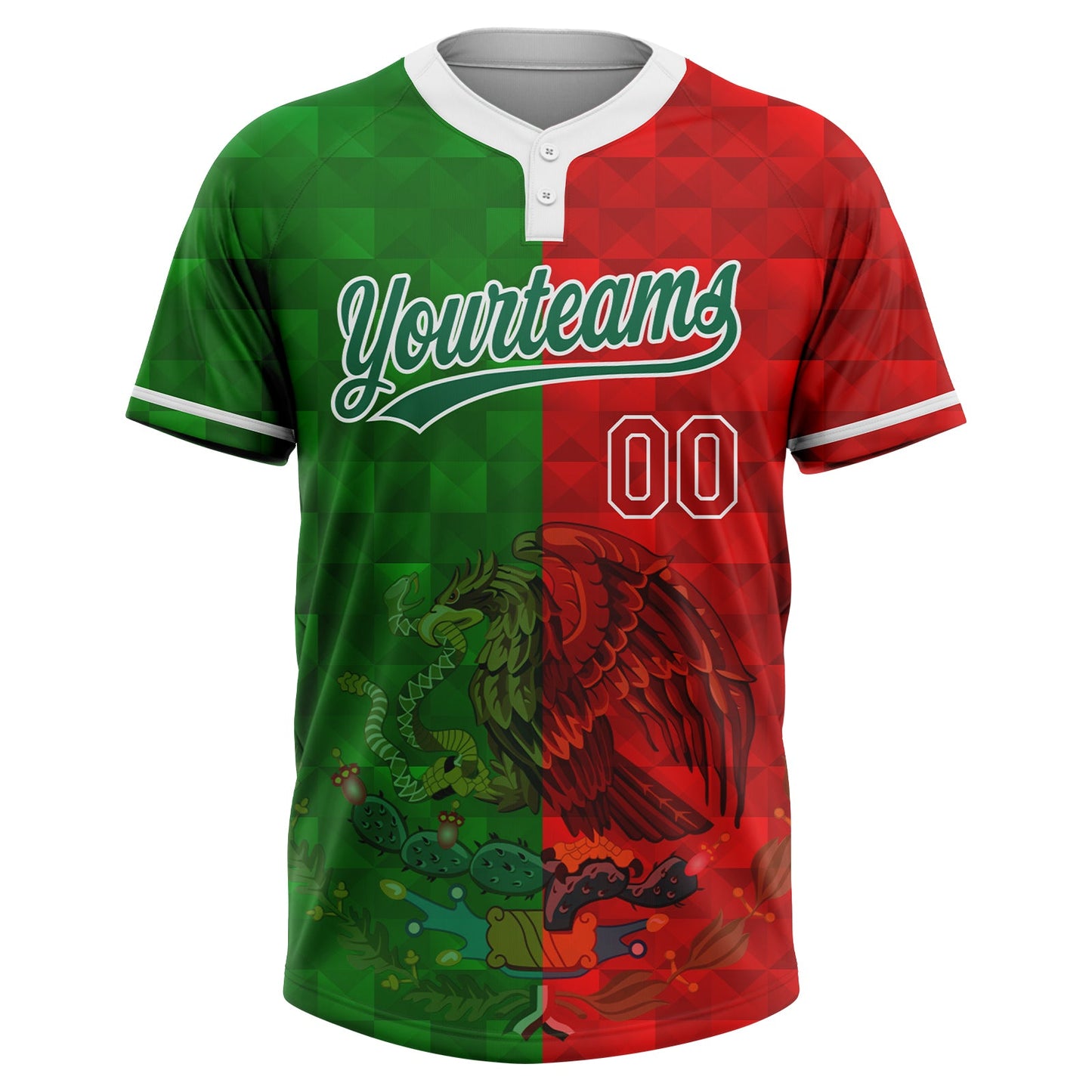 Custom Red Kelly Green-White Mexico Two-Button Unisex Softball Jersey view 2
