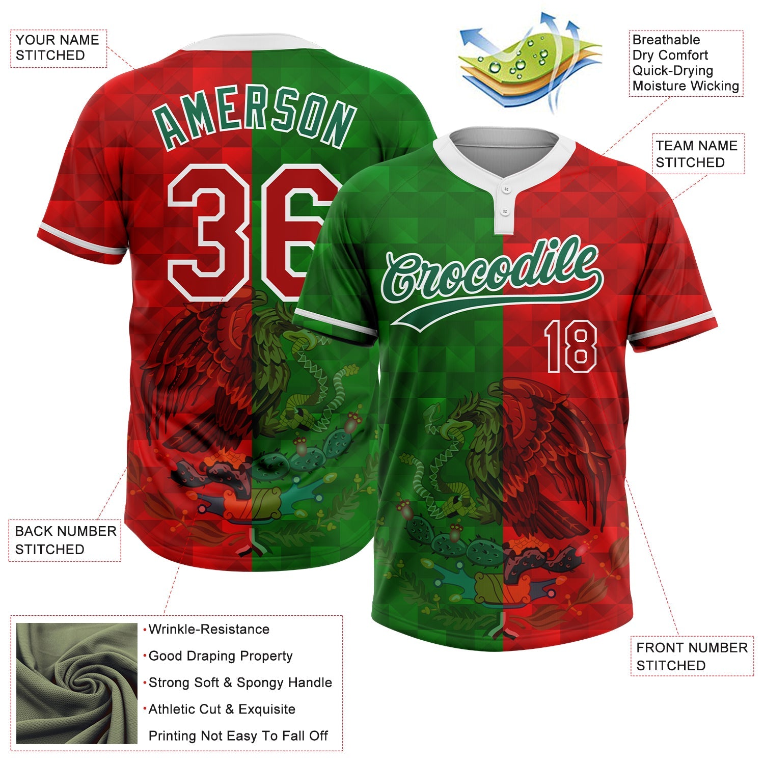 Custom Red Kelly Green-White Mexico Two-Button Unisex Softball Jersey view 3