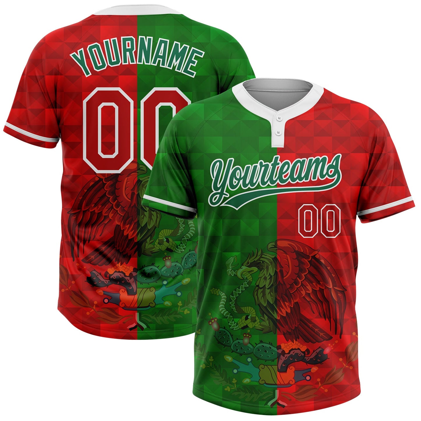 Custom Red Kelly Green-White Mexico Two-Button Unisex Softball Jersey - Main View