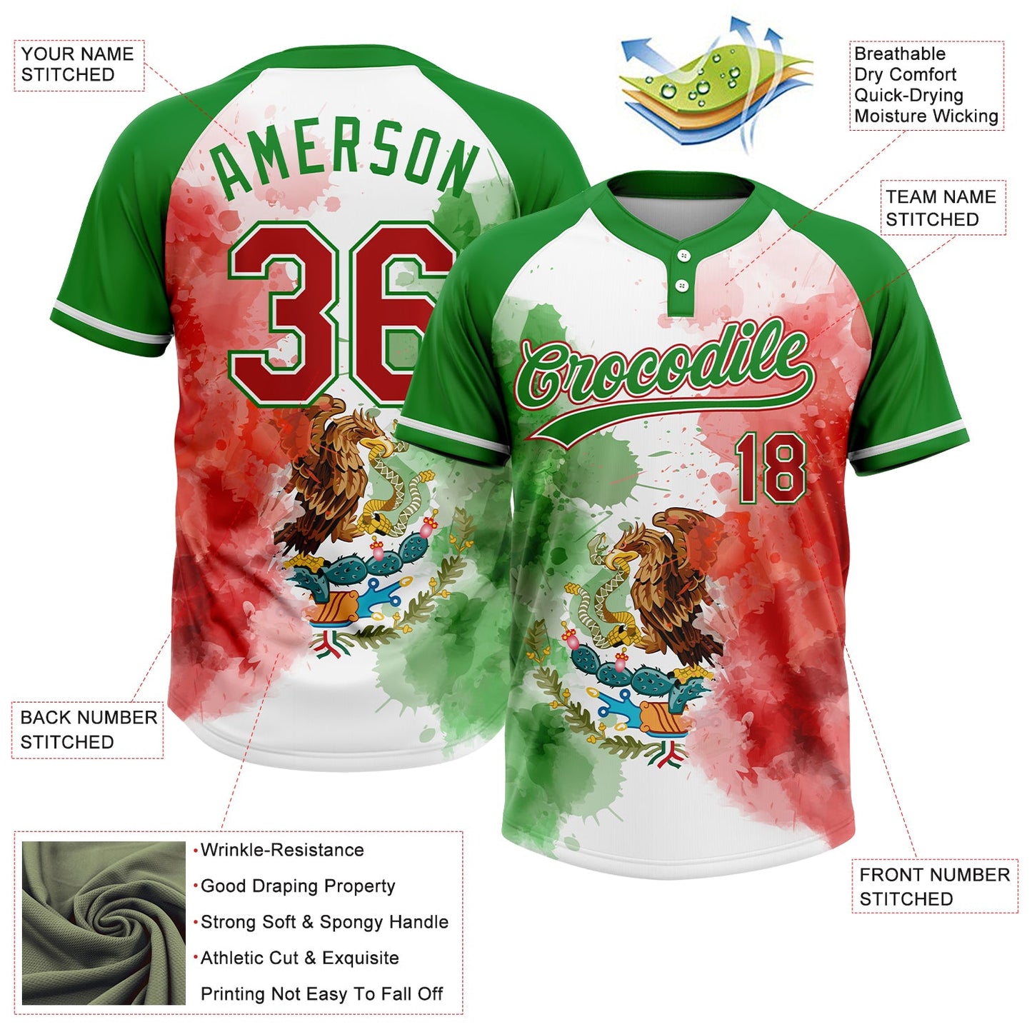 Custom Grass Green Red-White Mexico Two-Button Unisex Softball Jersey view 3