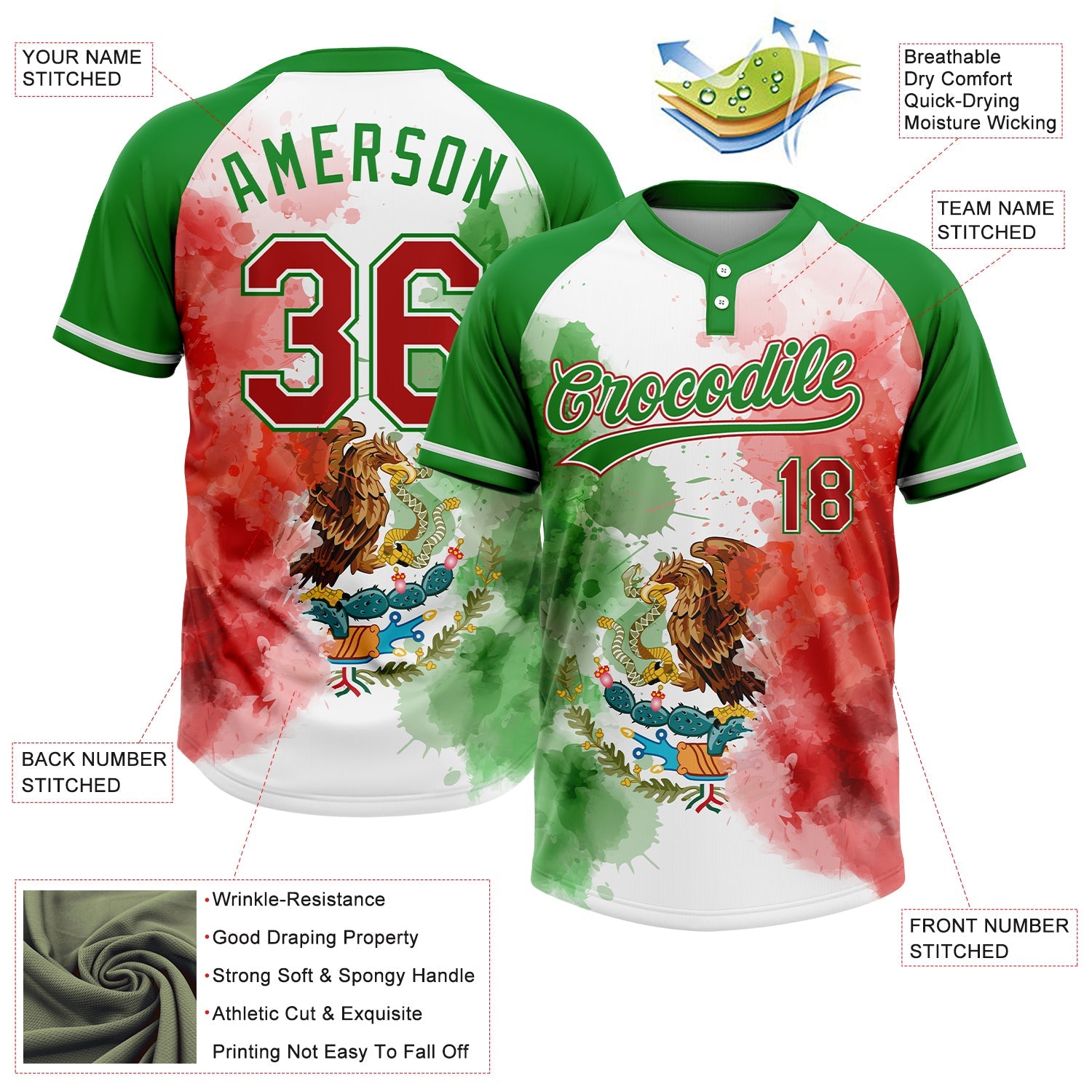 Custom Grass Green Red-White Mexico Two-Button Unisex Softball Jersey view 3