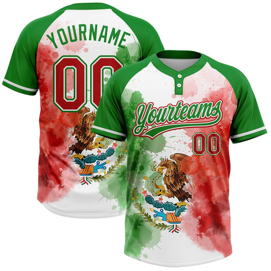 Custom Grass Green Red-White Mexico Two-Button Unisex Softball Jersey - Main View