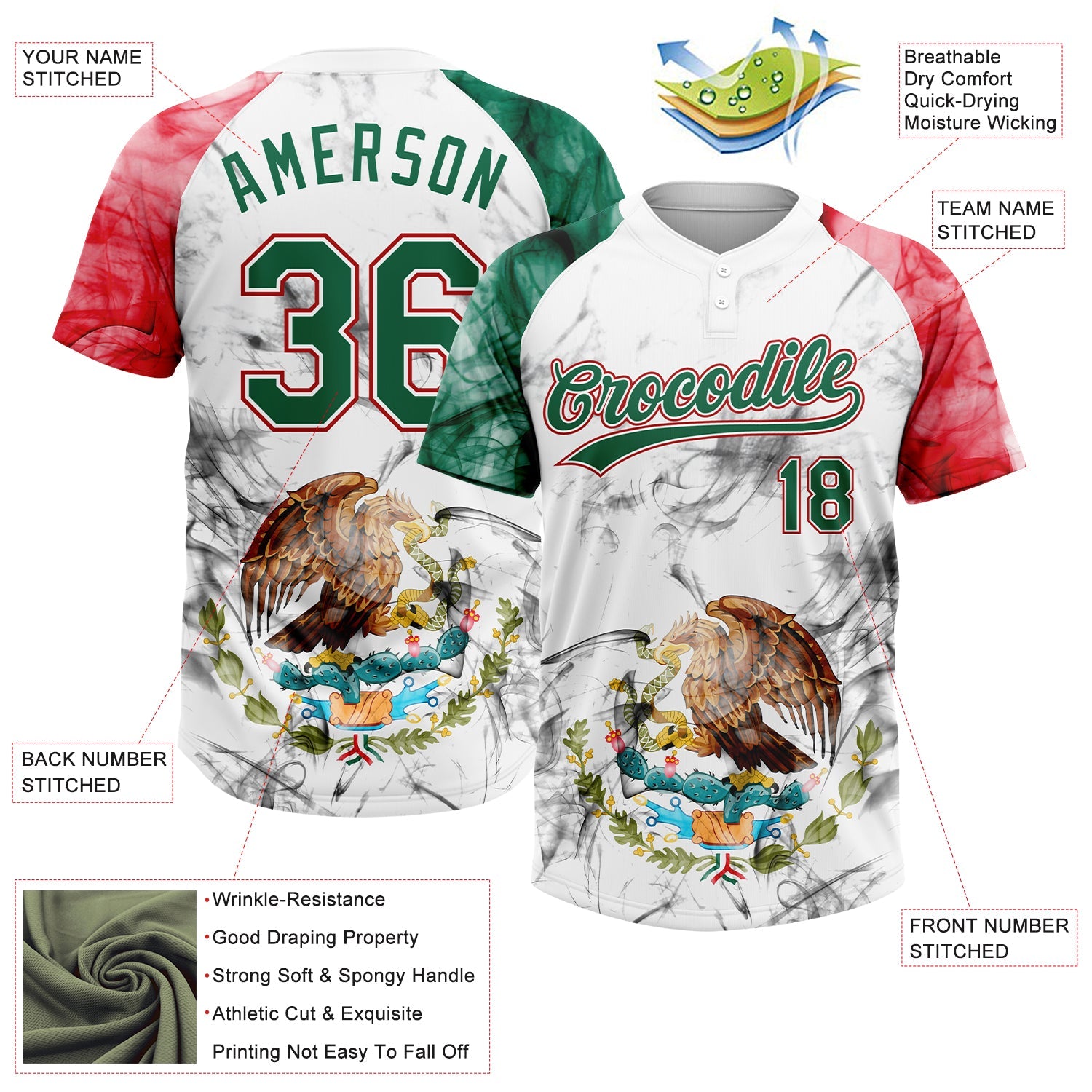 Custom White Kelly Green-Red Mexico Two-Button Unisex Softball Jersey view 3