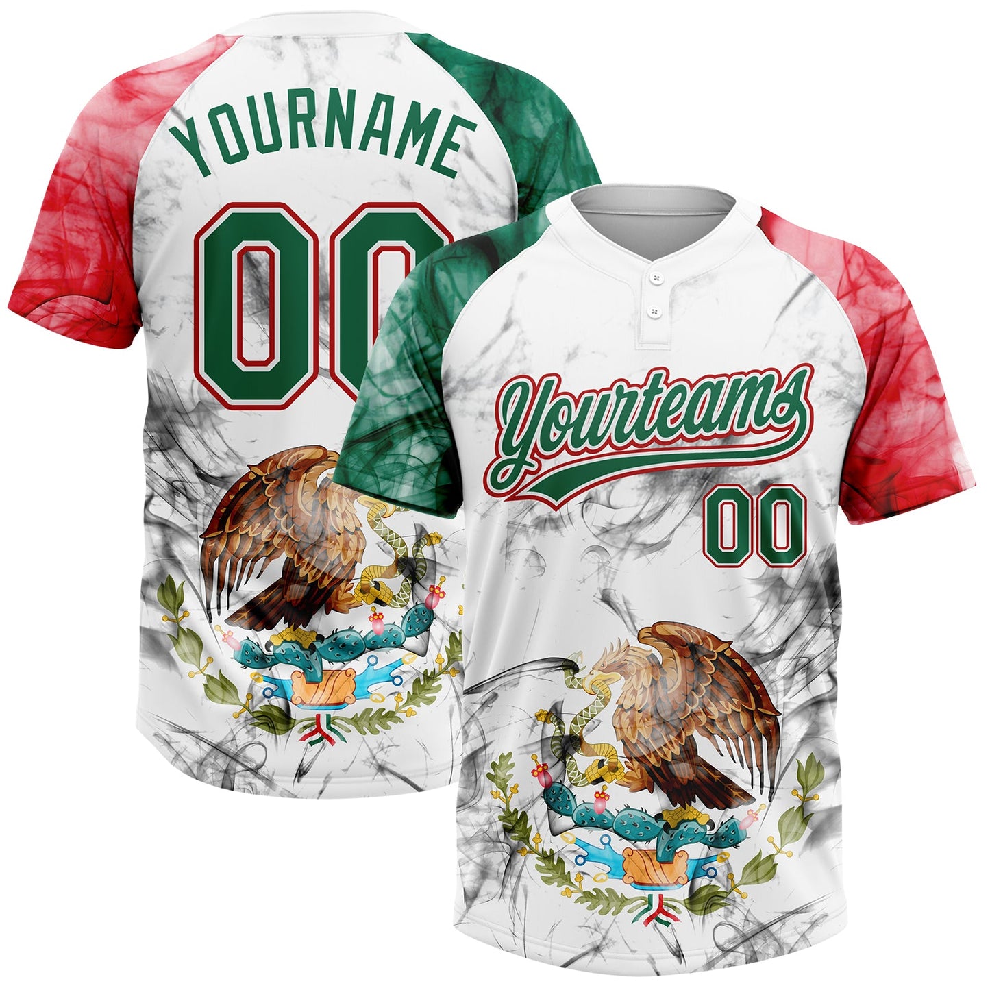 Custom White Kelly Green-Red Mexico Two-Button Unisex Softball Jersey - Main View