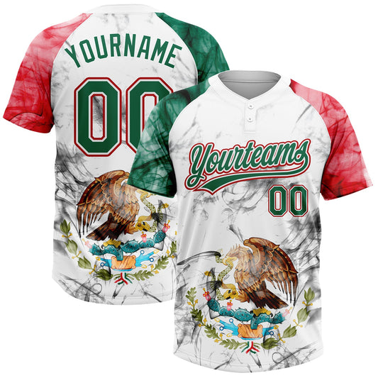 Custom White Kelly Green-Red Mexico Two-Button Unisex Softball Jersey - Main View
