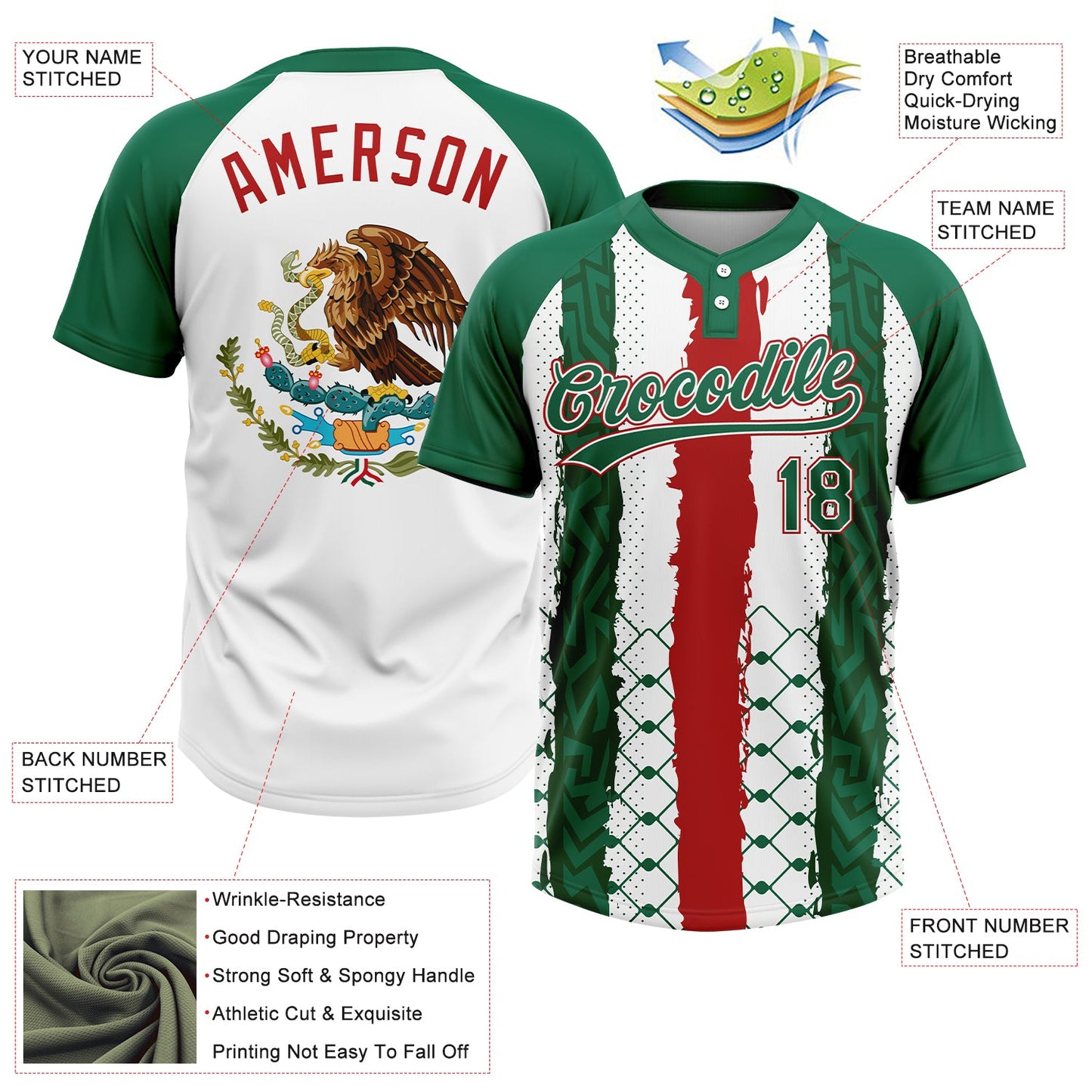 Custom Kelly Green Red-White Mexico Two-Button Unisex Softball Jersey view 3