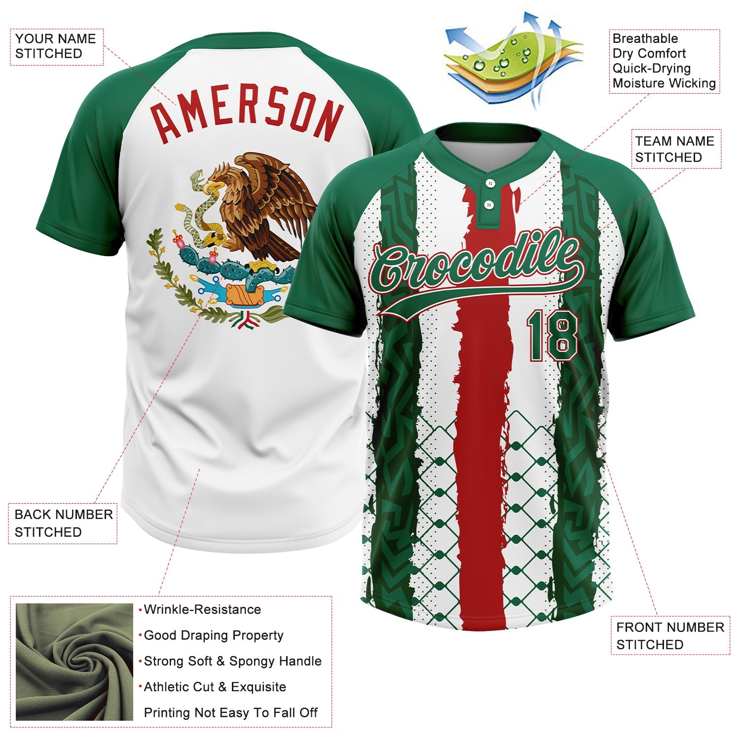 Custom Kelly Green Red-White Mexico Two-Button Unisex Softball Jersey view 3